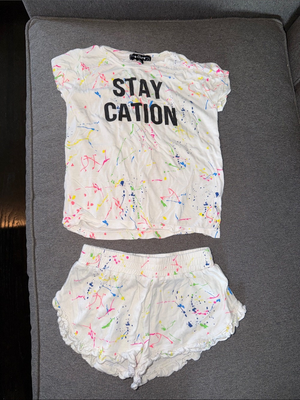 Kids White Set with Neon Paint Splatter - Staycation Tee & Shorts